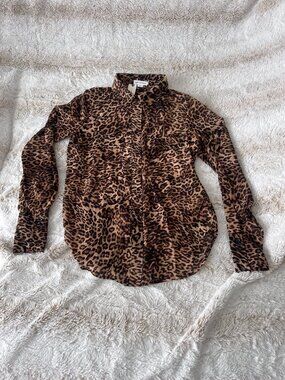 Good American x Anthropologie Leopard Print Long Sleeve Button Down Shirt XS